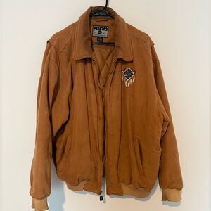 Vintage Tan Bomber Jacket with Ribbed Cuffs and Native American Wolf Style